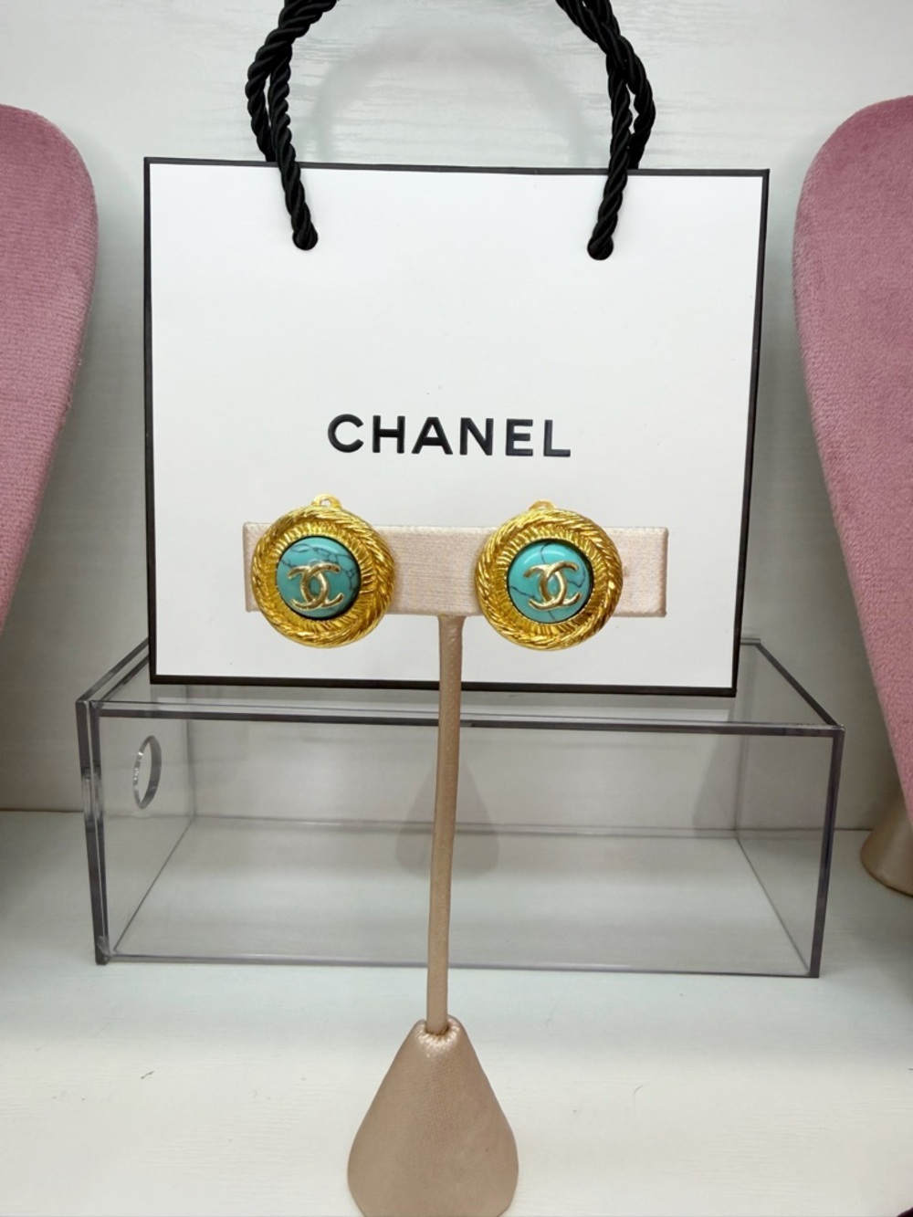 💖SOLD💖CHANEL Gold and Turquoise Round CC Button Earrings